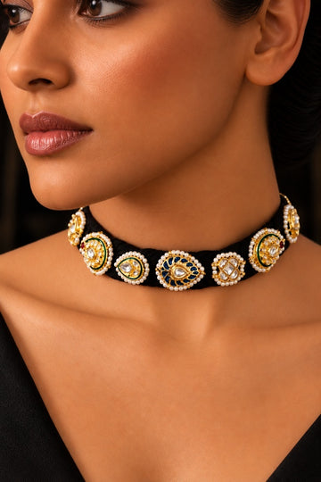 Green Blue Meena Kundan Paisley Choker Necklace