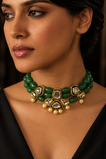 Green Stone Green Meena Pearls Kundan Necklace