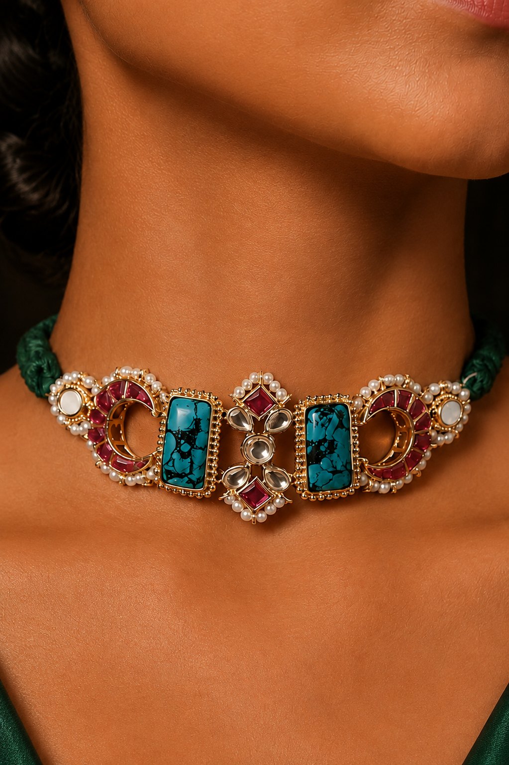 Pink Crescent Turquoise Center Pearl Choker Necklace