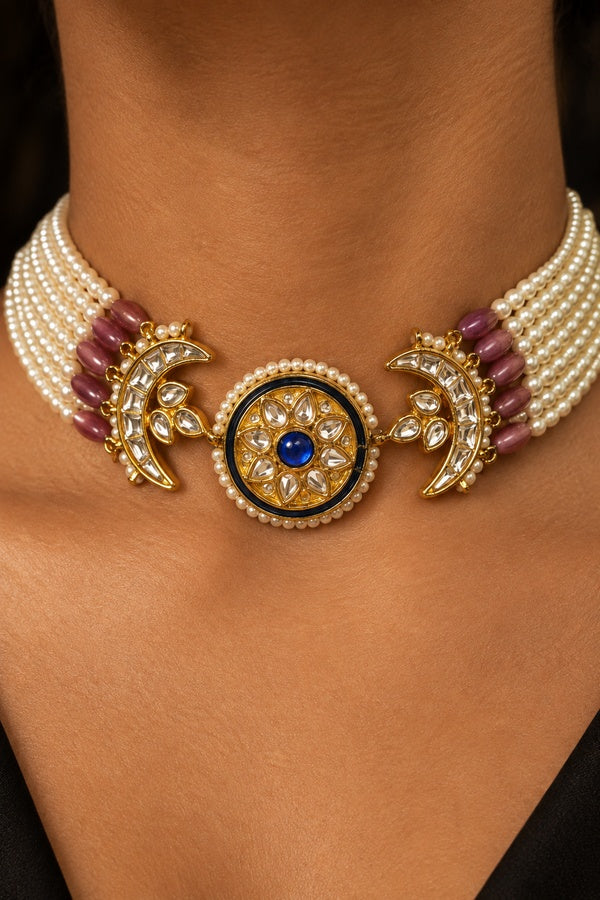 Blue Meenakari Tourmaline & Pearls Choker Necklace