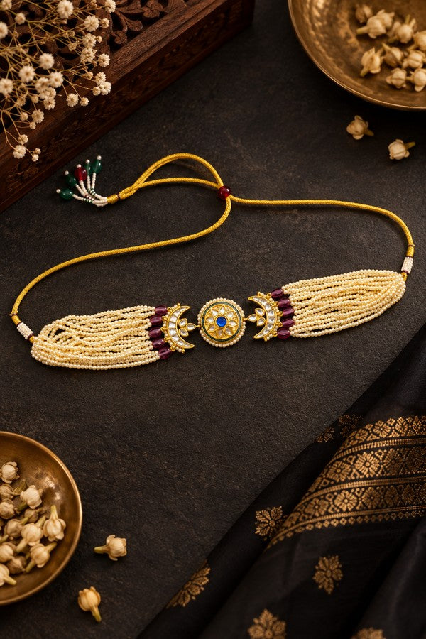 Blue Meenakari Tourmaline & Pearls Choker Necklace