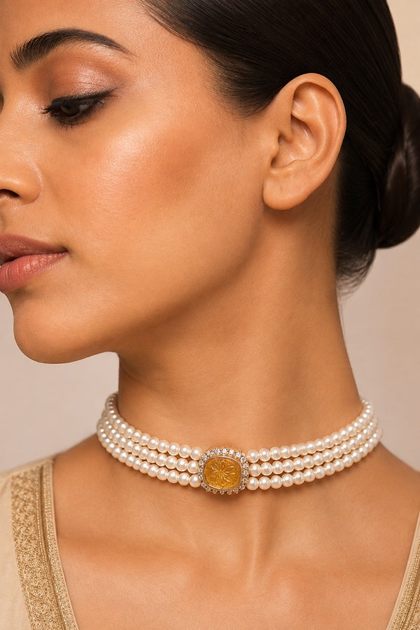 Carved Yellow Citrine Zirconia Choker Necklace With Pearls