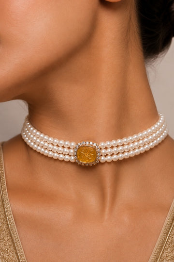 Carved Yellow Citrine Zirconia Choker Necklace With Pearls