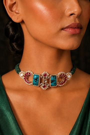 Pink Crescent Turquoise Center Pearl Choker Necklace