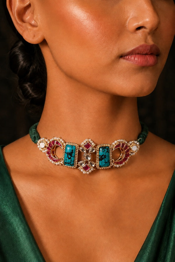 Pink Crescent Turquoise Center Pearl Choker Necklace