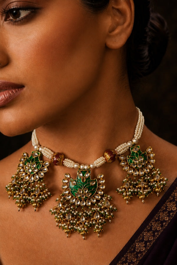 Green Meenakari & Pearls Kundan Necklace