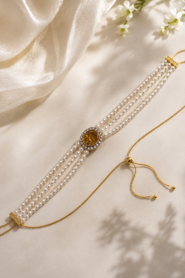 Carved Yellow Citrine Zirconia Choker Necklace With Pearls