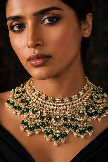Statement Gold Green Emeralds & Pearls Choker Necklace
