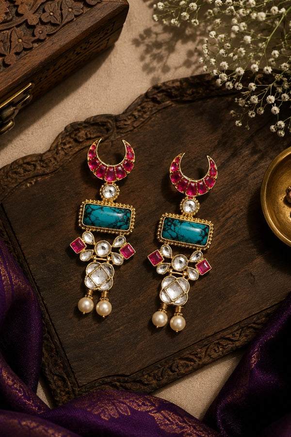 Pink Crescent Turquoise Center Pearl Drops Earrings