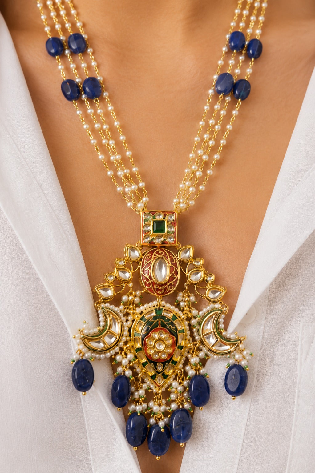 Red Enamel with Lapis Drop Kundan Necklace