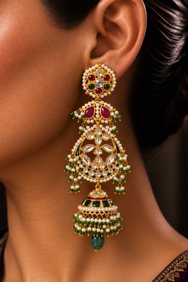 Statement Multi Kundan Green Drop Jhumki Dangler Earrings