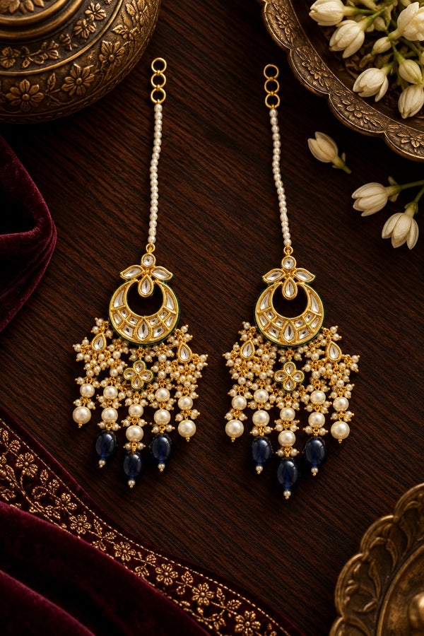 Blue Pearls with Kundan Chandbali Earrings