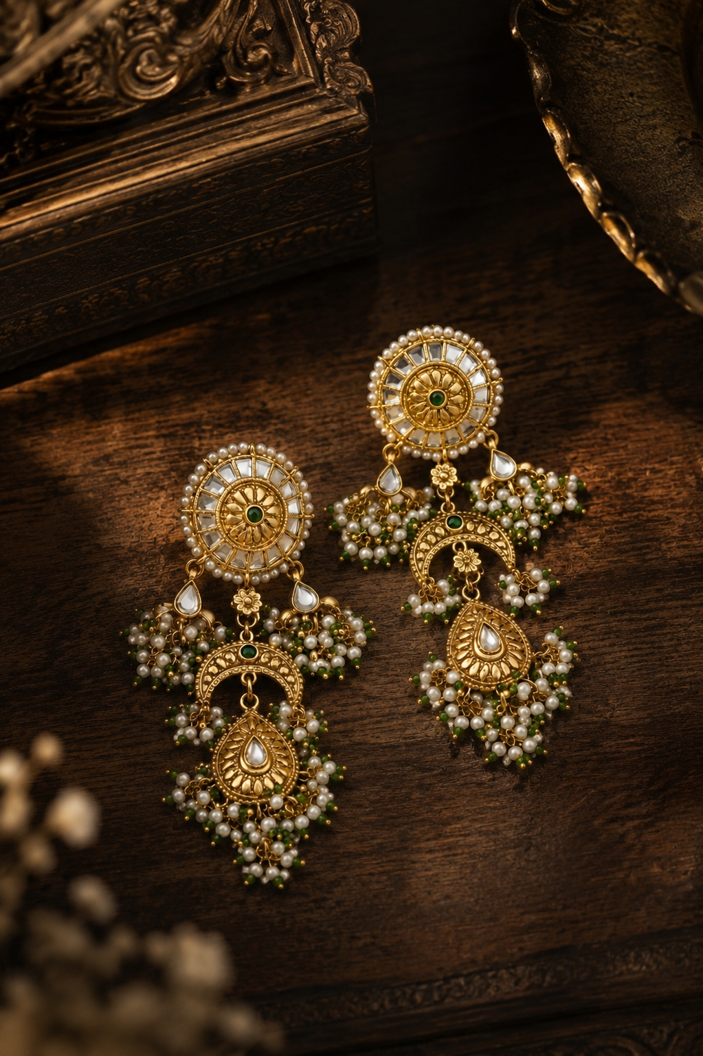 Statement Antique Gold & White Green Kundan Earrings