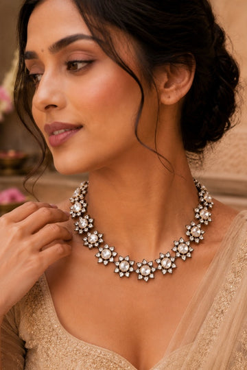 Dual Finish Flower Zirconia Necklace