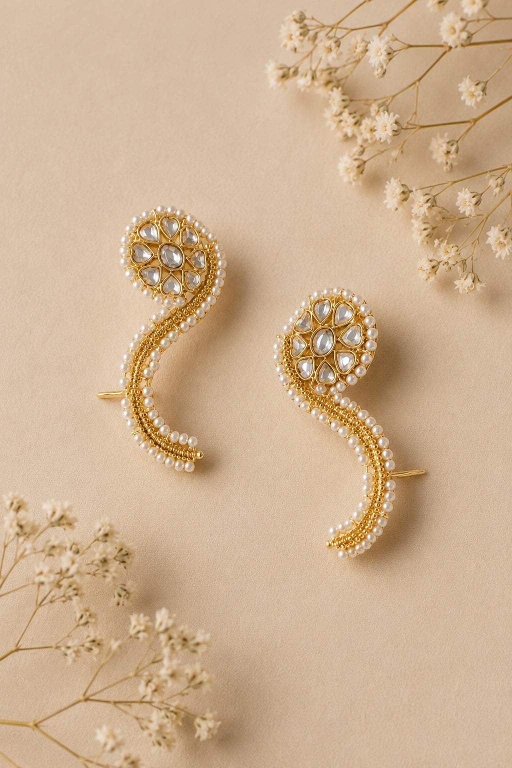Gold & White Flower Kundan Earcuffs