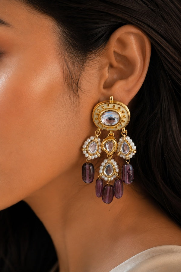 Green Meenakari Purple Amethyst Kundan Pearl Dangler Earrings