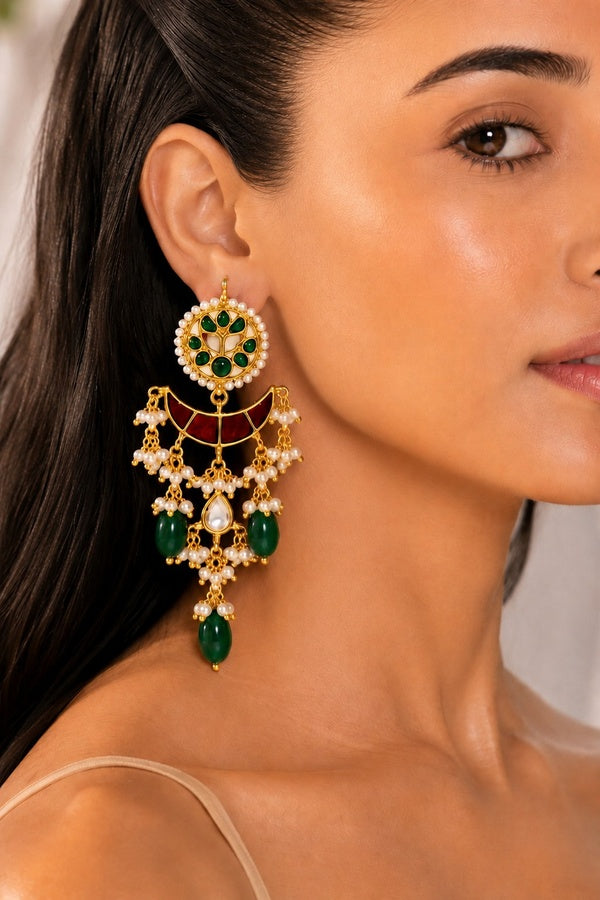 Red Green Meena Chand Kundan Green Drops Dangler Earrings