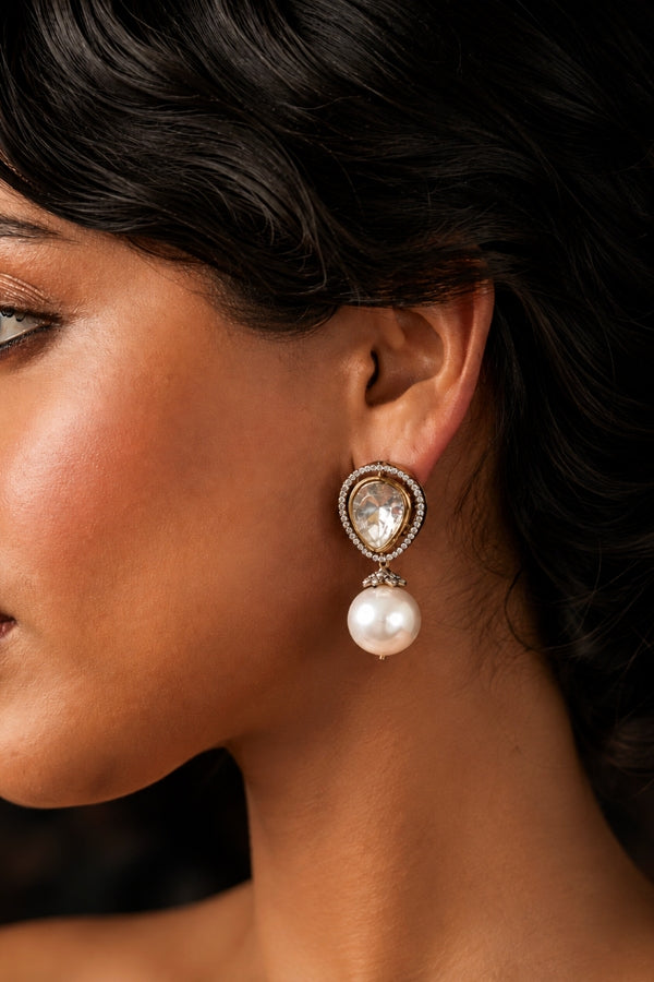 Dual Finish Zircon Mega Polki Pearl Drop Stud Earrings