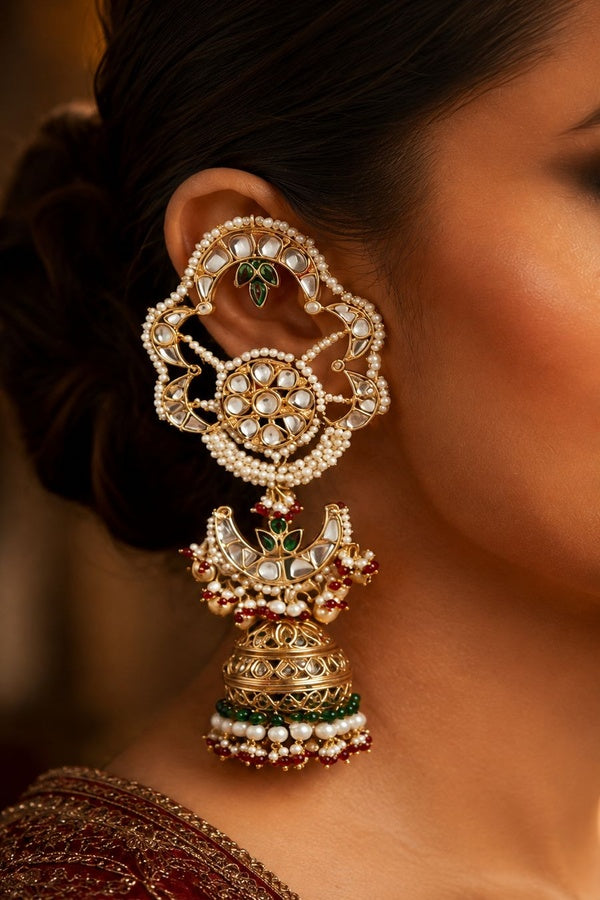 Green Kundan Gold White Green & Red Pearls Jhumki Earrings