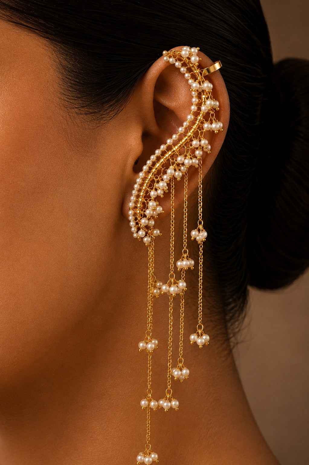 Long Chain Gold Finish Earcuff Earrings
