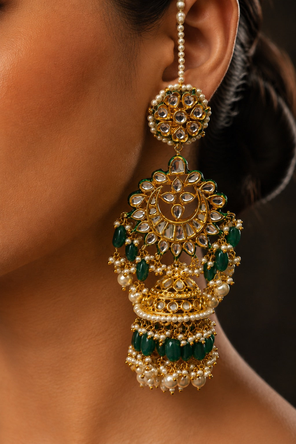 Statement Gold Green Emeralds & Pearls Jhumki Earring