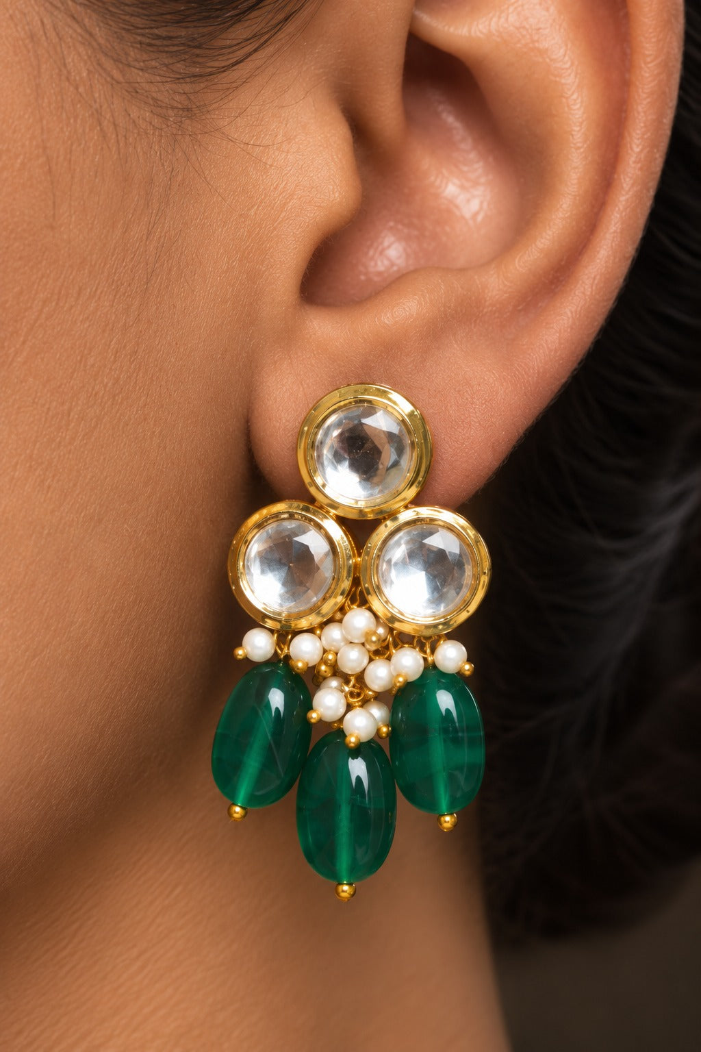 Green Triad Kundan Earrings