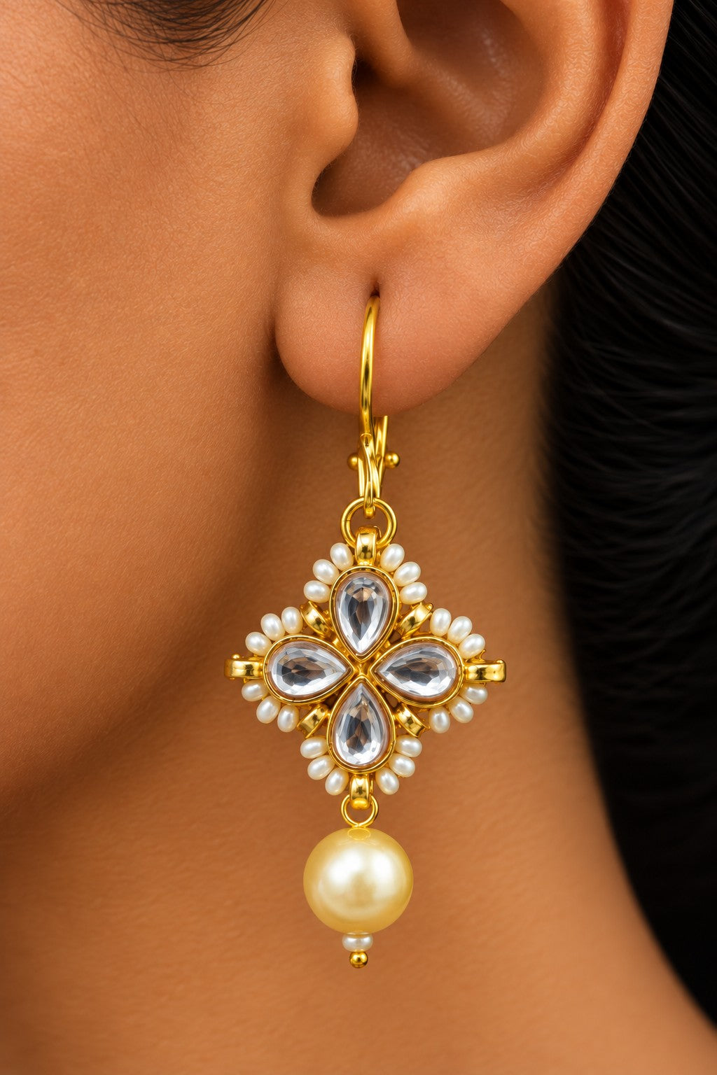 White Kundan Pearl Drop Danglers Earrings