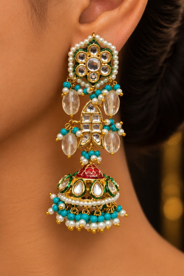 Turquoise with Yellow Beads Fish Motif Kundan Jhumki Earrings
