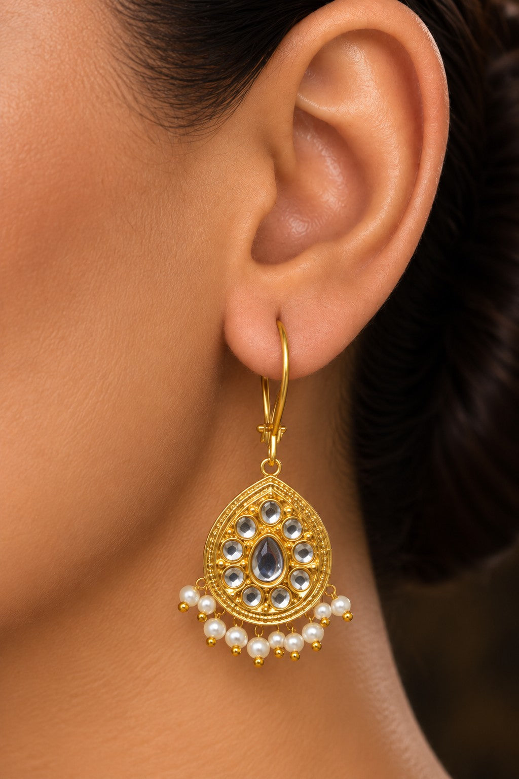 Gold & White Kundan Drop Earrings With Pearls