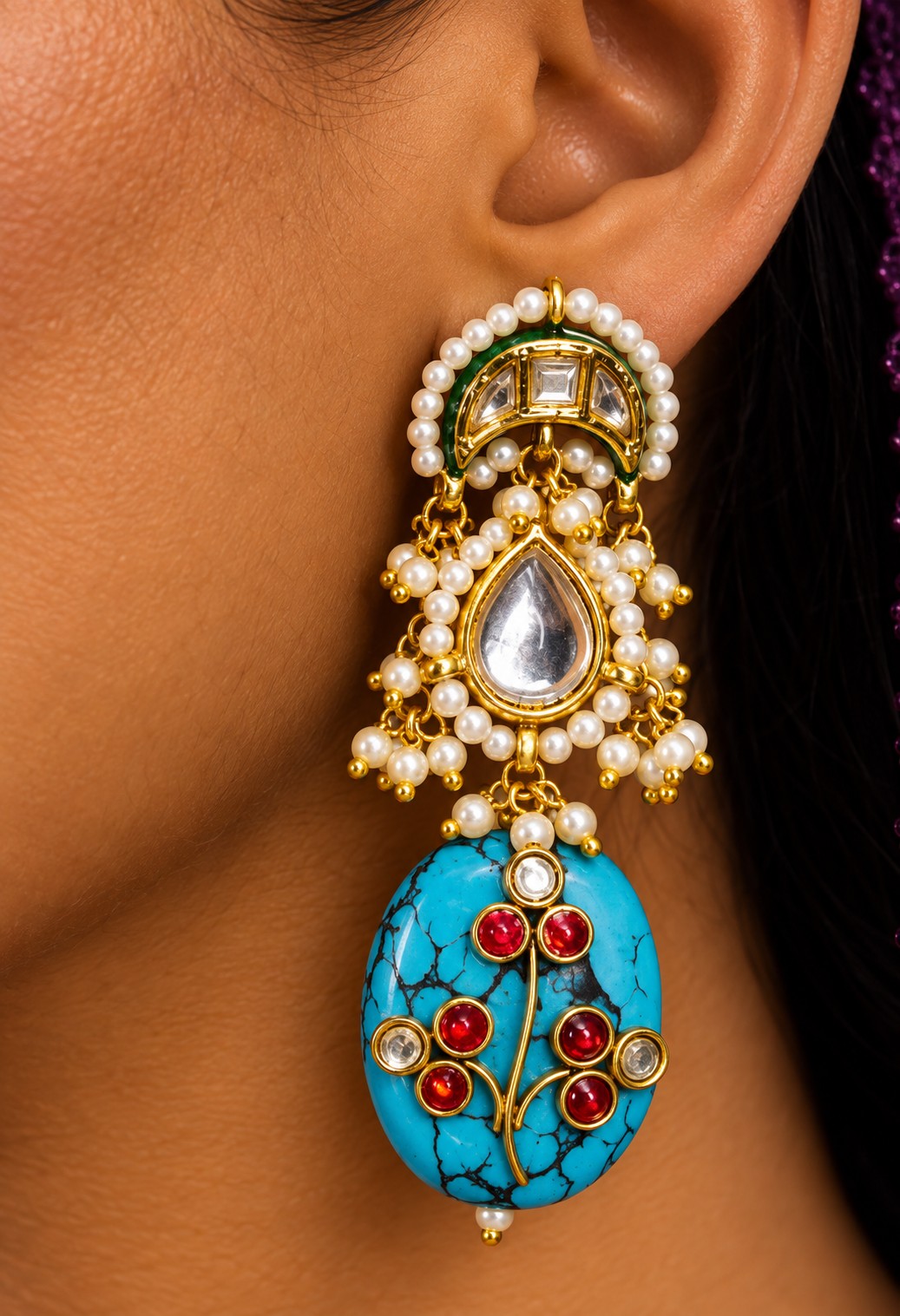 Turquoise Drop Kundan with Pearls Earrings