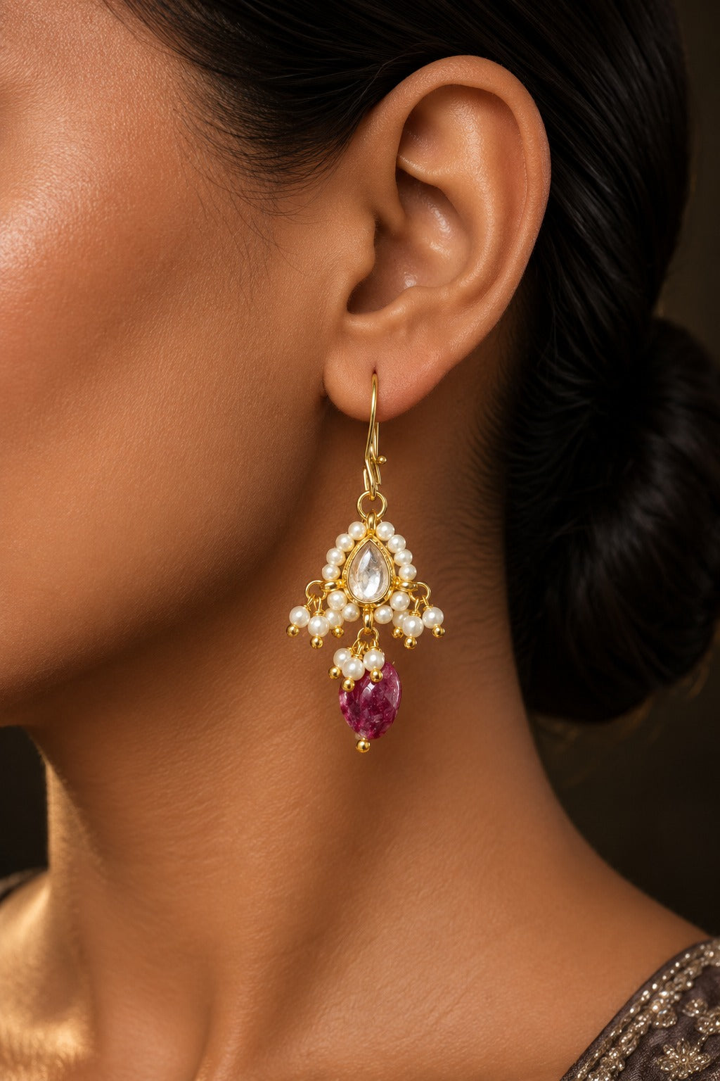 Gold Finish Tiny Kundan Tourmaline Drop Earrings