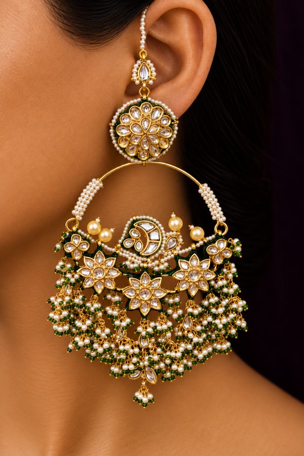 Statement Kundan Pearls Hint Of Green Baalis