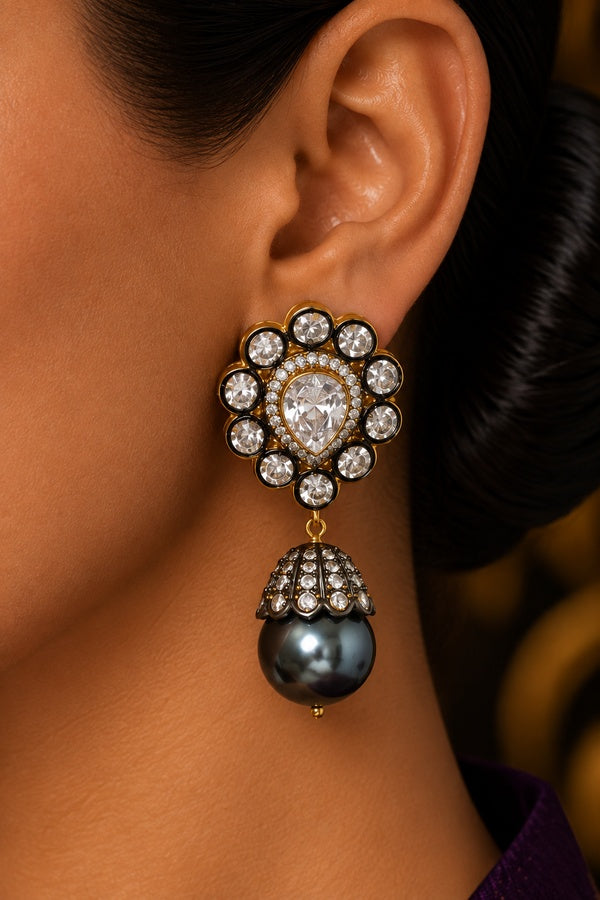 Zirconia Grey Pearl Drop Dangler Earrings