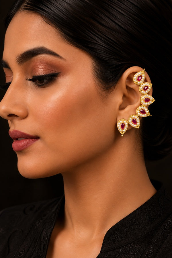 Red Kundan Earcuff Earrings With Pearls