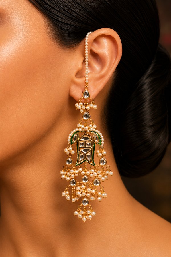 Gold Finish Pearl Kundan Fish Earrings