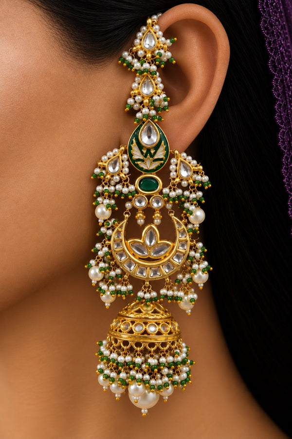 Green Enamel & Kundan Chand Pearl Drop Jhumki Earrings
