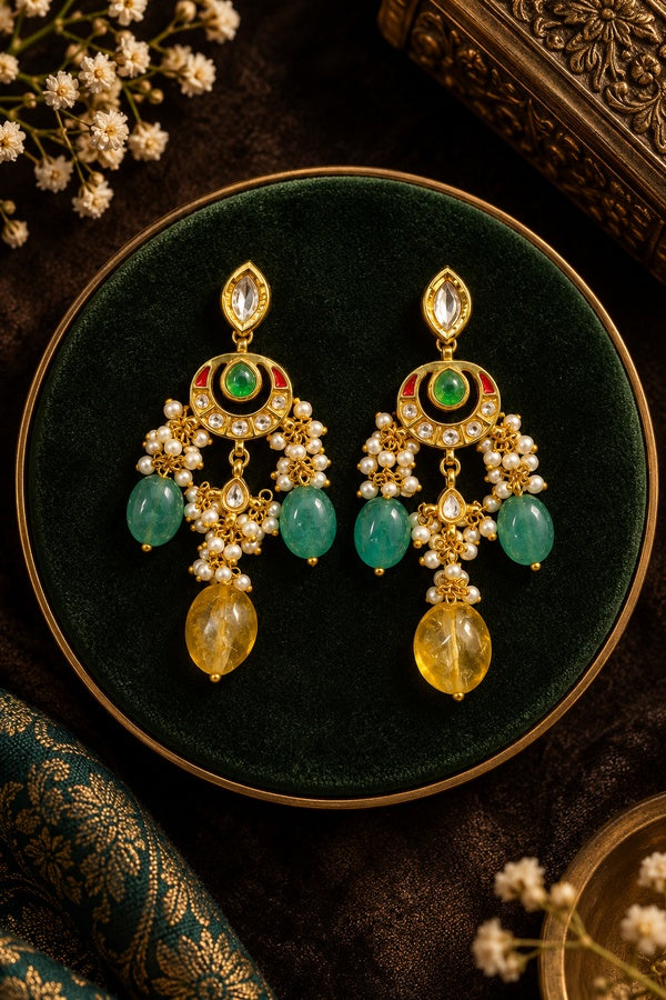Red Kundan Green & Yellow Drop Dangler Earrings