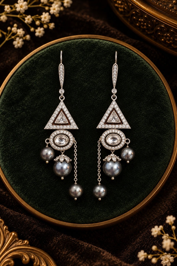 Triangle Zircon Grey Pearl Drop Dangling Earrings
