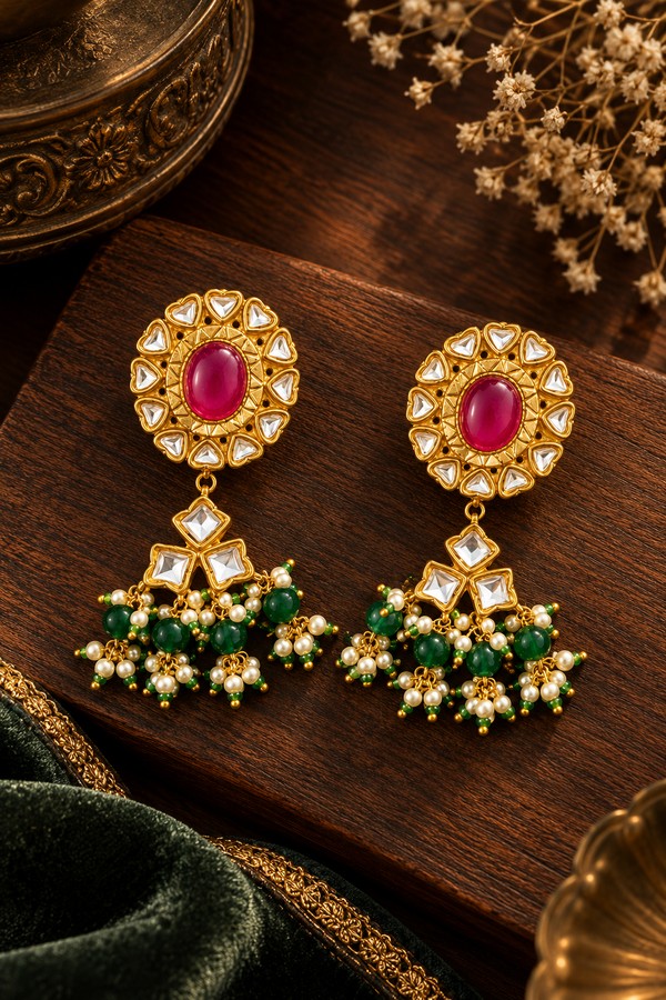 Red & Green Kundan Jadai Nazaakat Earrings