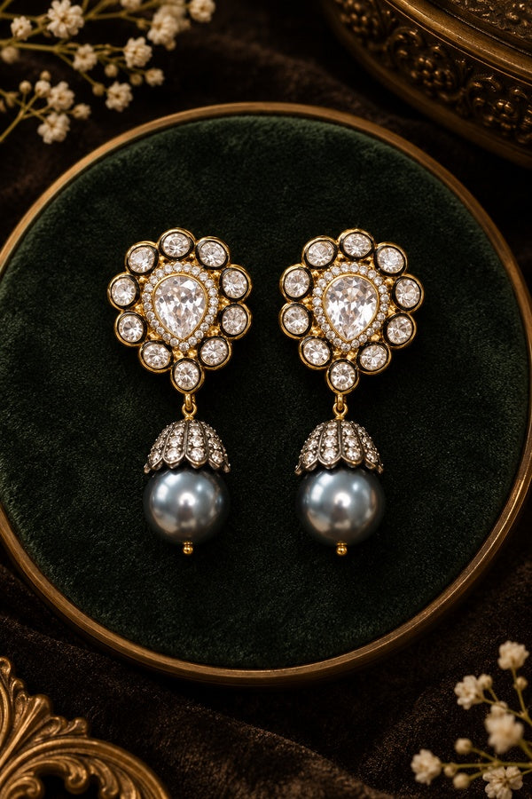 Zirconia Grey Pearl Drop Dangler Earrings