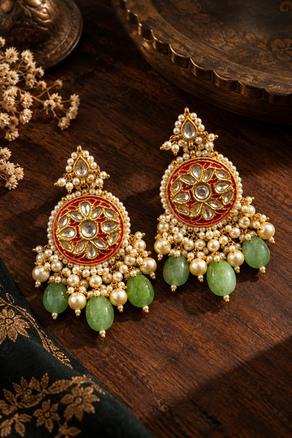 Red Rounds Green Drop Dangler Earrings