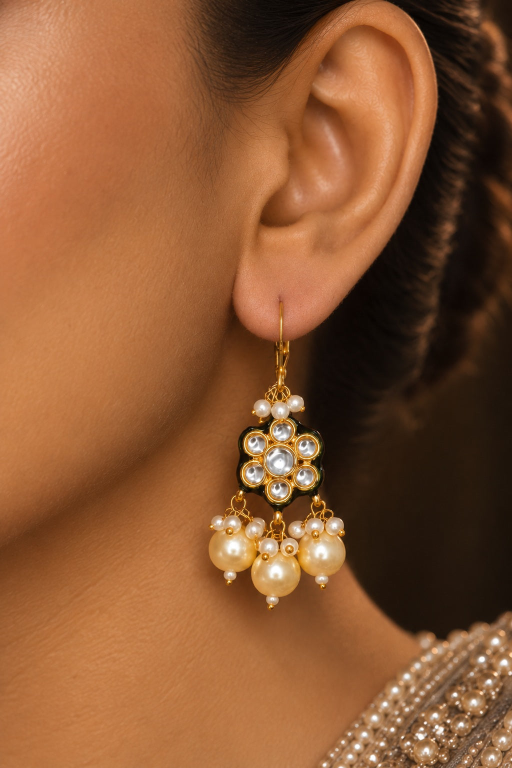 Pearl Drop with Flower Motif Kundan Earrings