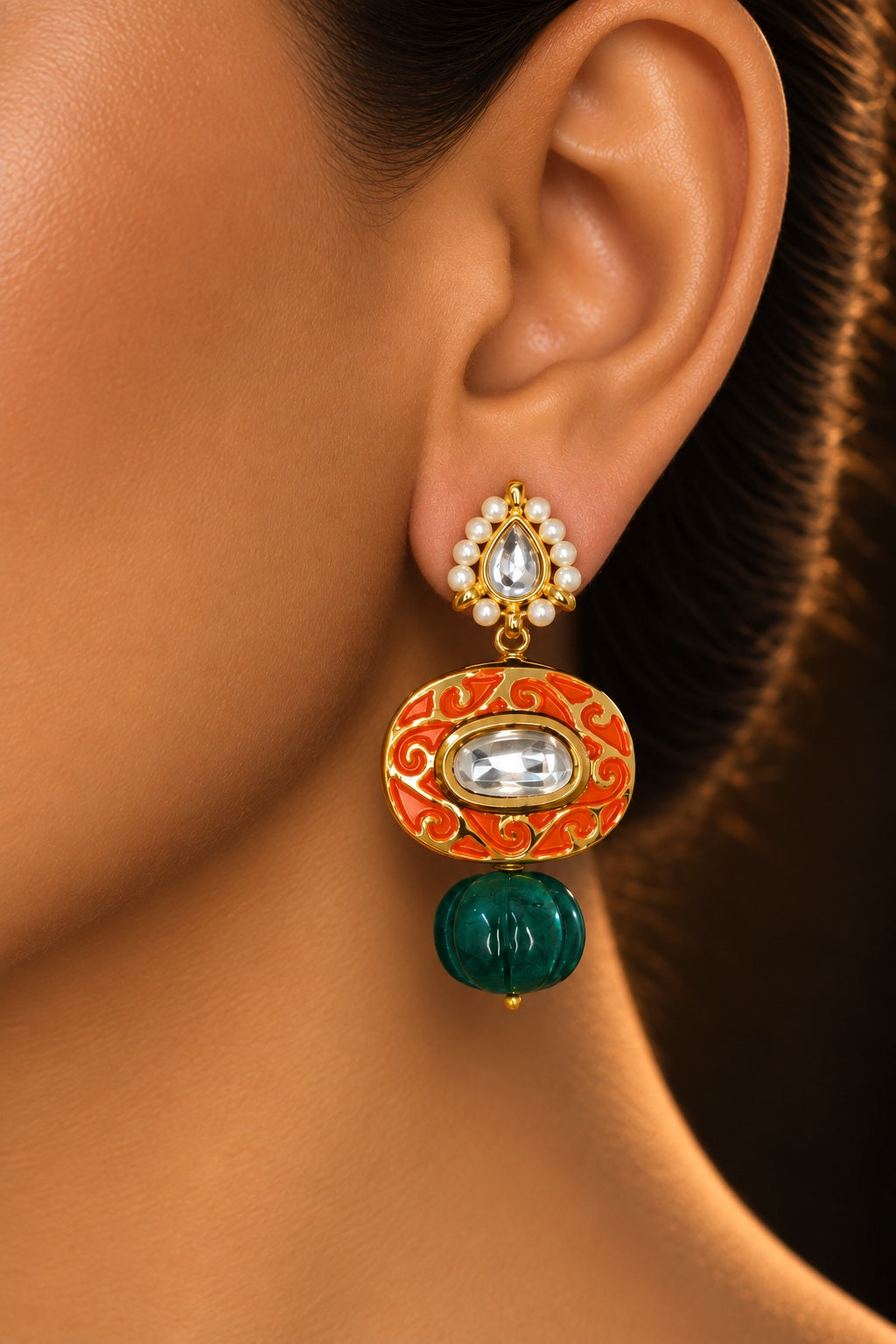 Orange Meenakari Green Drop Earrings