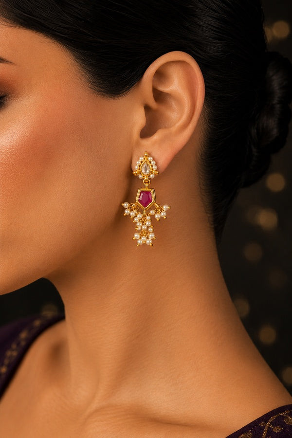 Kundan Red Hexa Drop Pearls Earrings