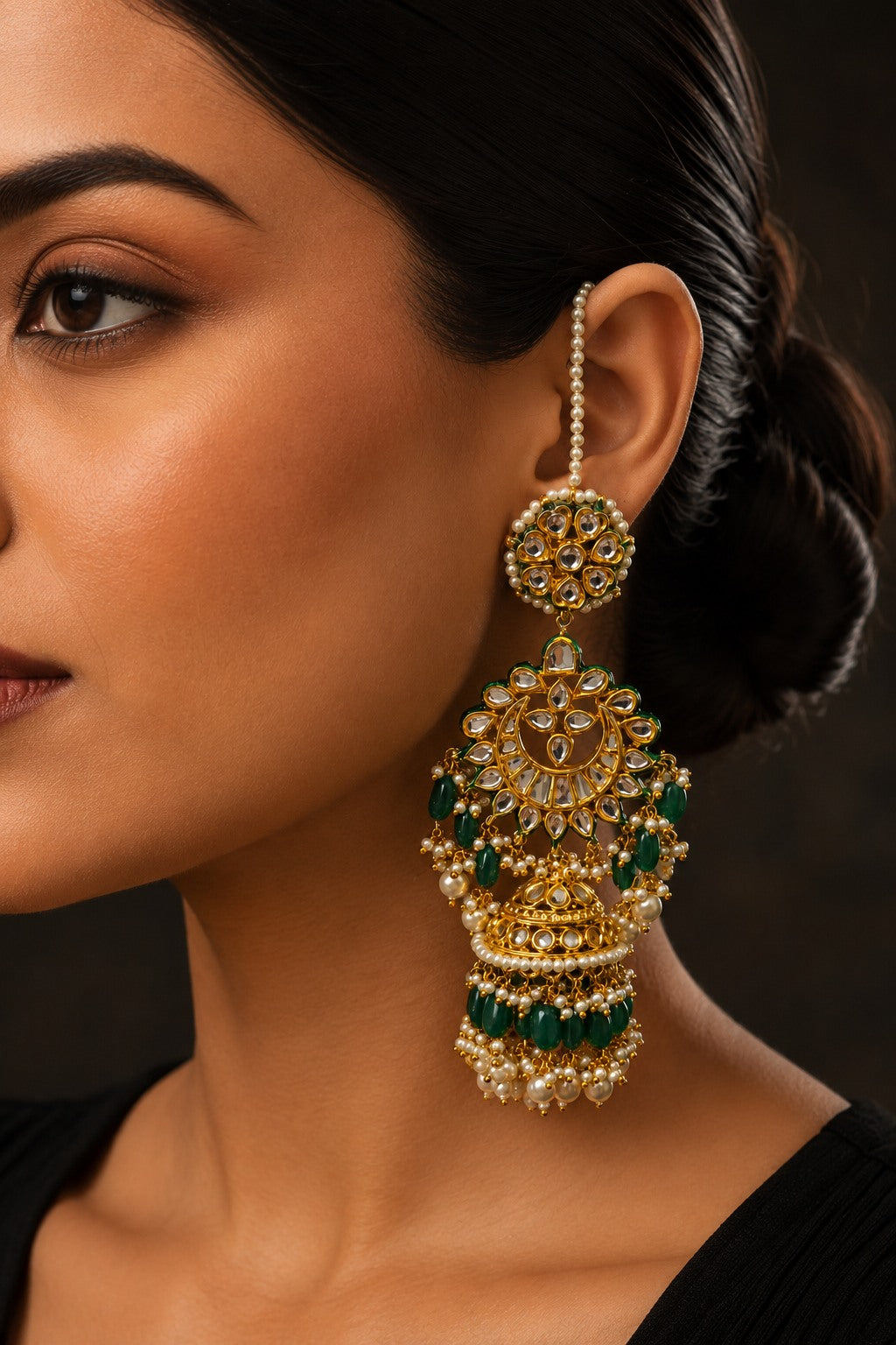 Statement Gold Green Emeralds & Pearls Jhumki Earring