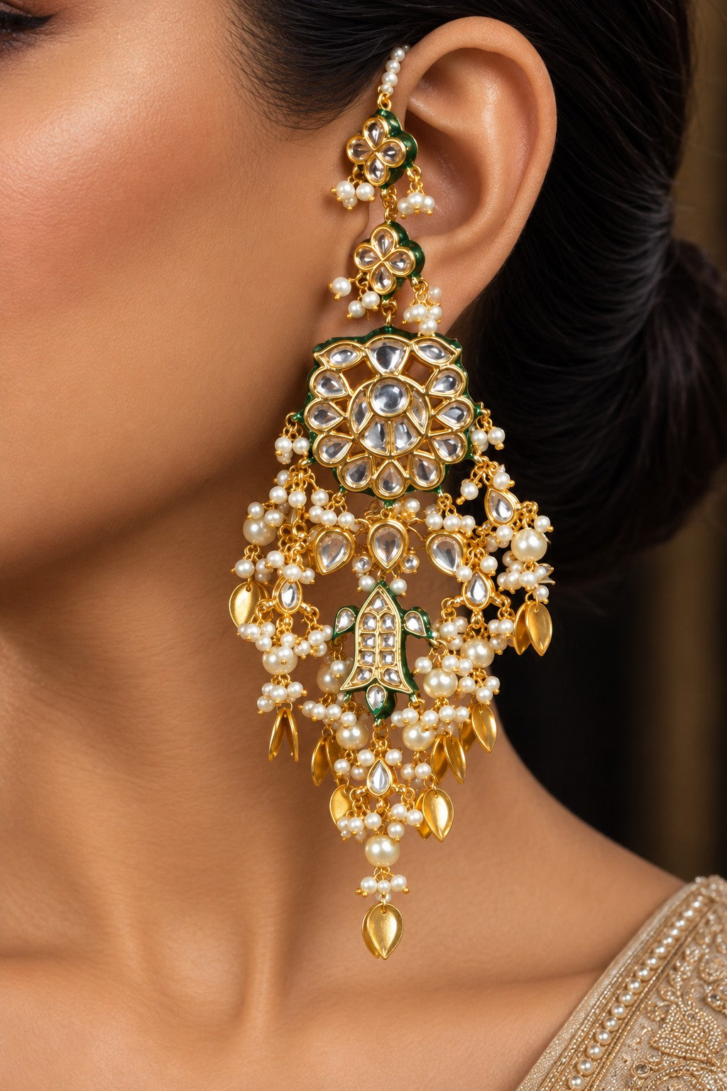 Statement Gold Pipalpatti Kundan Chandbali Earrings