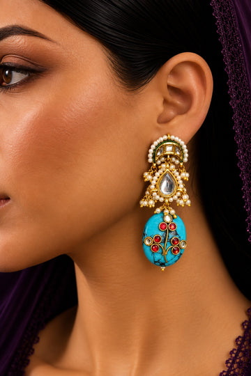 Turquoise Drop Kundan with Pearls Earrings