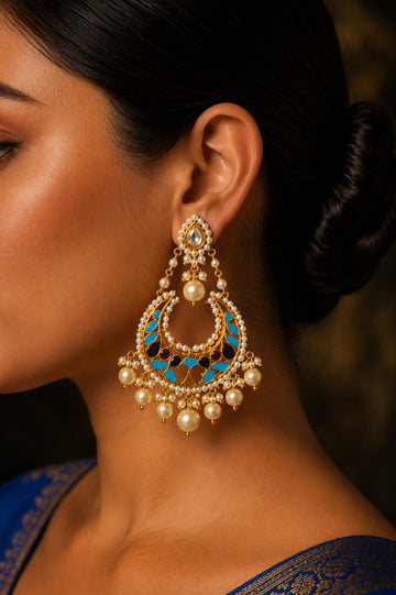 Red Green Feroza Meena Pearls Drop Chandbali Earrings