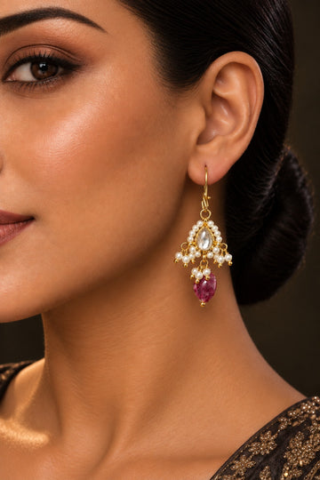 Gold Finish Tiny Kundan Tourmaline Drop Earrings