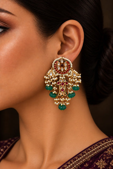 Pink Crescent Red Kundan Fish Green Drops Dangler Earrings